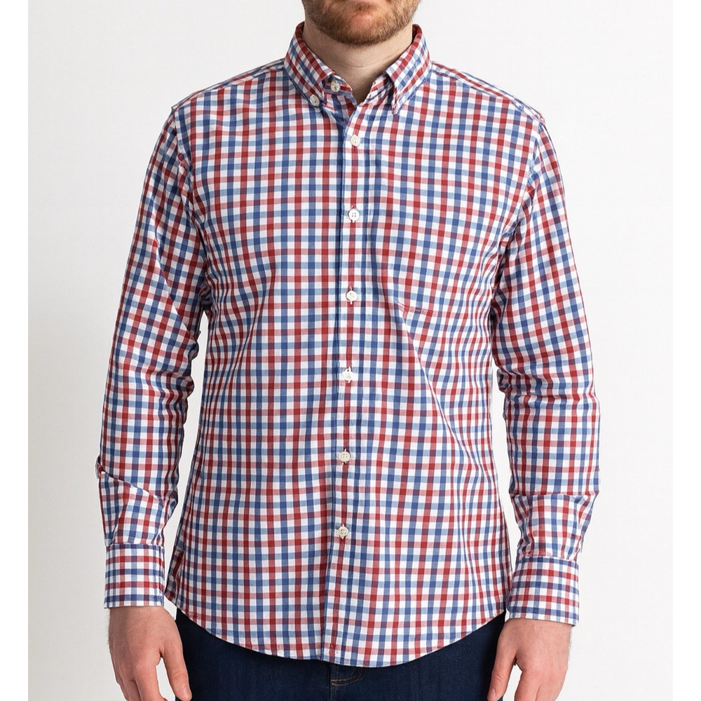 Untuckit Men’s Medium Slim Fit Shirt Red White Blue Check Button Down Cotton